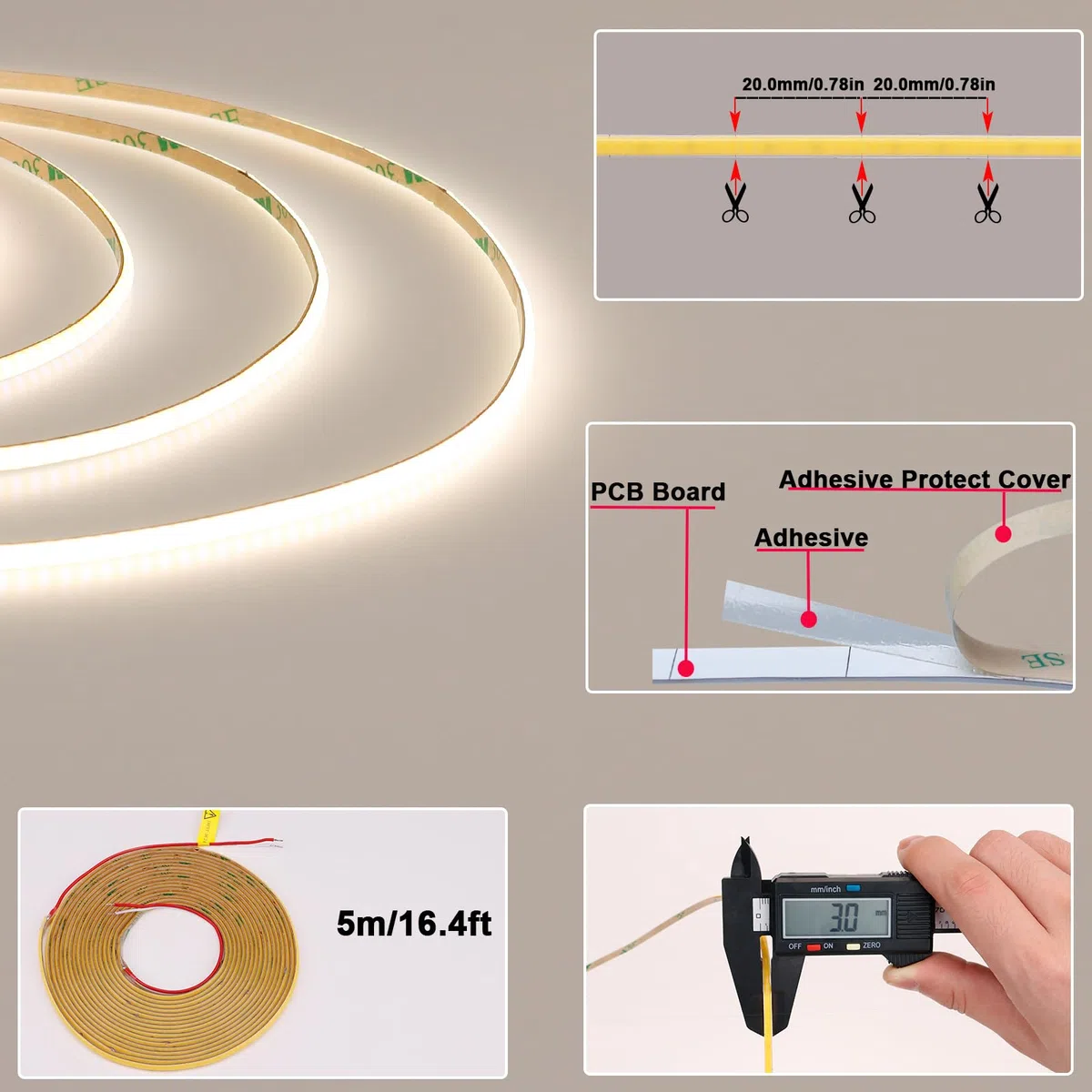 TOPAI Striscia LED COB 3mm 12V Bianco Naturale 4000K 5M 400LED/m CRI92 | Ultra Sottile, Dimmerabile, Senza punti luce, Autoadesiva, Flessibile Tagliabile, IP20 Interno