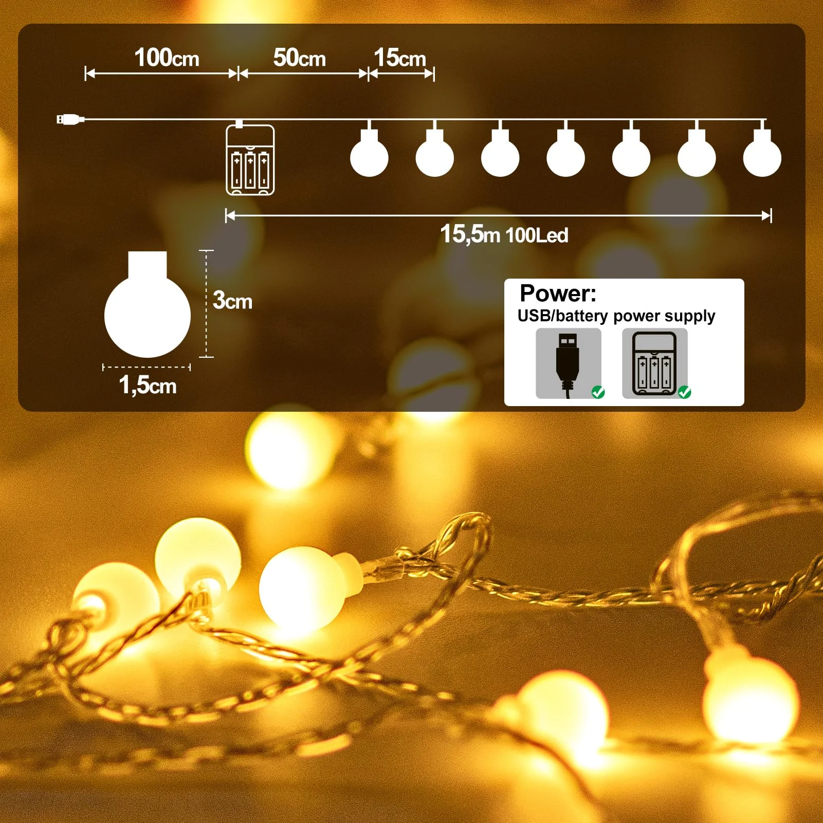 Uping Lucine Led Decorative a Batteria USB 100 LED Luci di Natale Esterno a Batteria Catena Luminosa Interno Natalizie con Pile (Bianco Caldo)