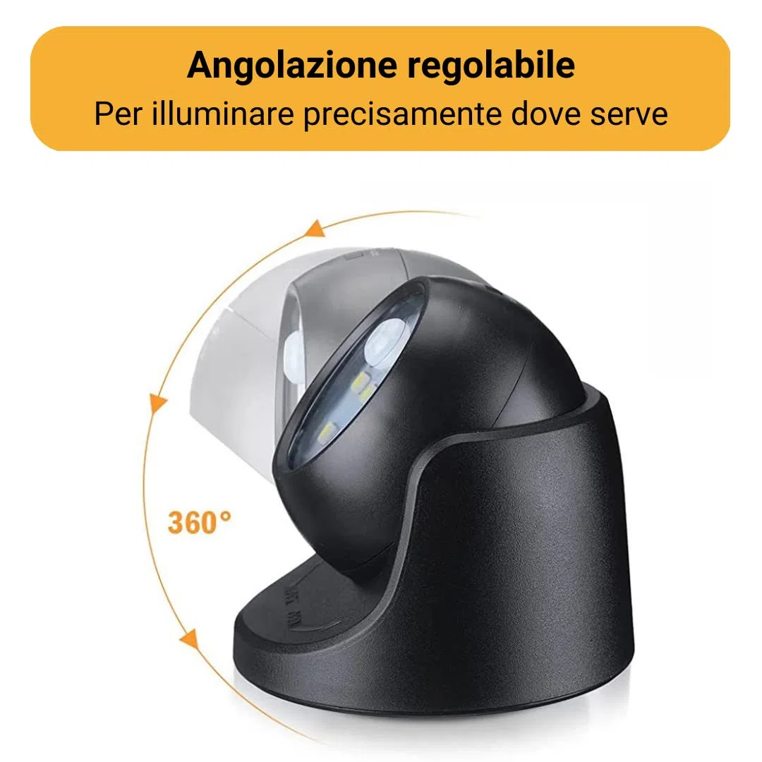 Faretto LED a Batterie con Sfera Estraibile Rotazione 360°, 150 Lumen, Faretti LED Esterno con Sensore di Movimento PIR, Luci di Sicurezza, Pratico Fissaggio a Muro