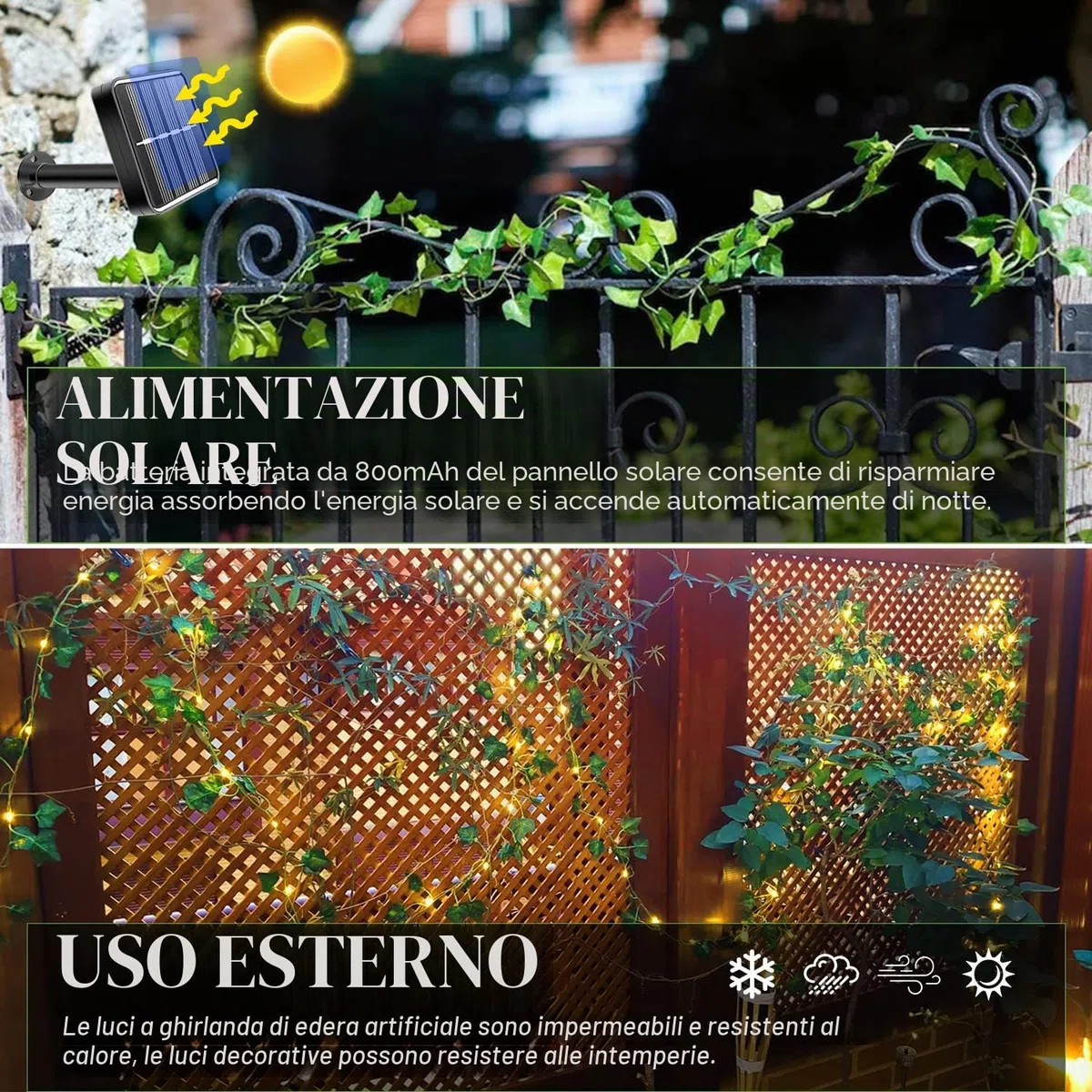 A.bigwhale Catena luminosa per esterni, a energia solare, con 120 luci a LED, per esterni, 12 m, resistente alle intemperie, 8 modalità per giardino, balcone, terrazza, camera