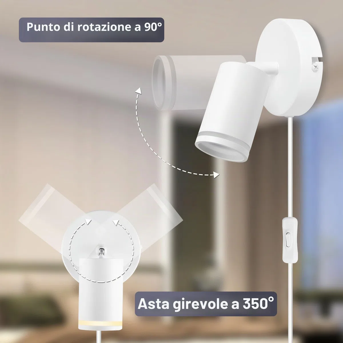 Applique da Parete Interno Moderna, Bianco Applique LED da Parete Orientabile, GU10 Lampada da Parete Interno con Spina Interruttore, Alluminio Lampade da Muro per Camera da Letto Soggiorno