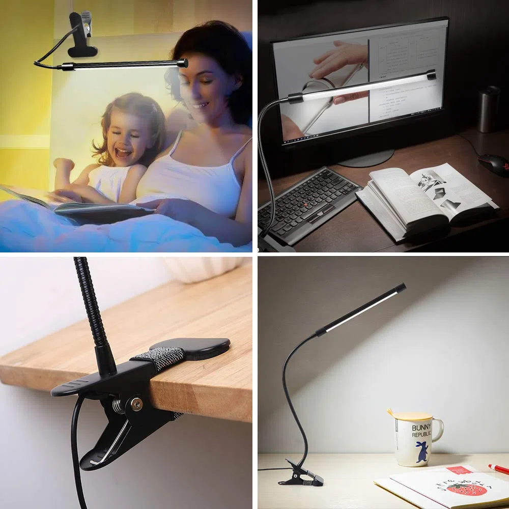 Lampada Lettura Con Clip Luce Da Scrivania Led Con Pinza, 3 Modalità & 10 Livelli Di Luminosità Con Caricatore Usb Flessibile Lampada Portatile Occhi Cura Per Lettura Di Notte Lavoro, 7W (Nero)