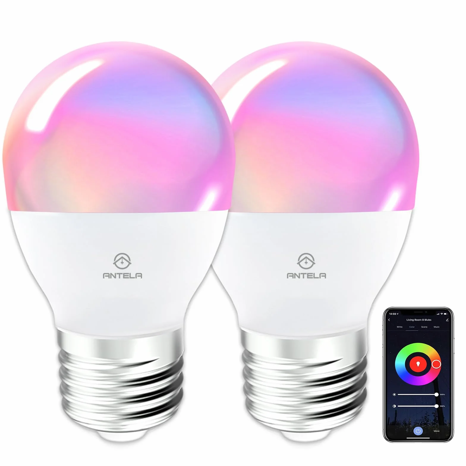 ANTELA Lampadine LED Alexa Inteligente WiFi E27 G45, 4,9W 470LM Dimmerabile RGB & 2700K-6500K Bianco Freddo Caldo, Compatibile con Alexa/Google Home, 2Pezzi