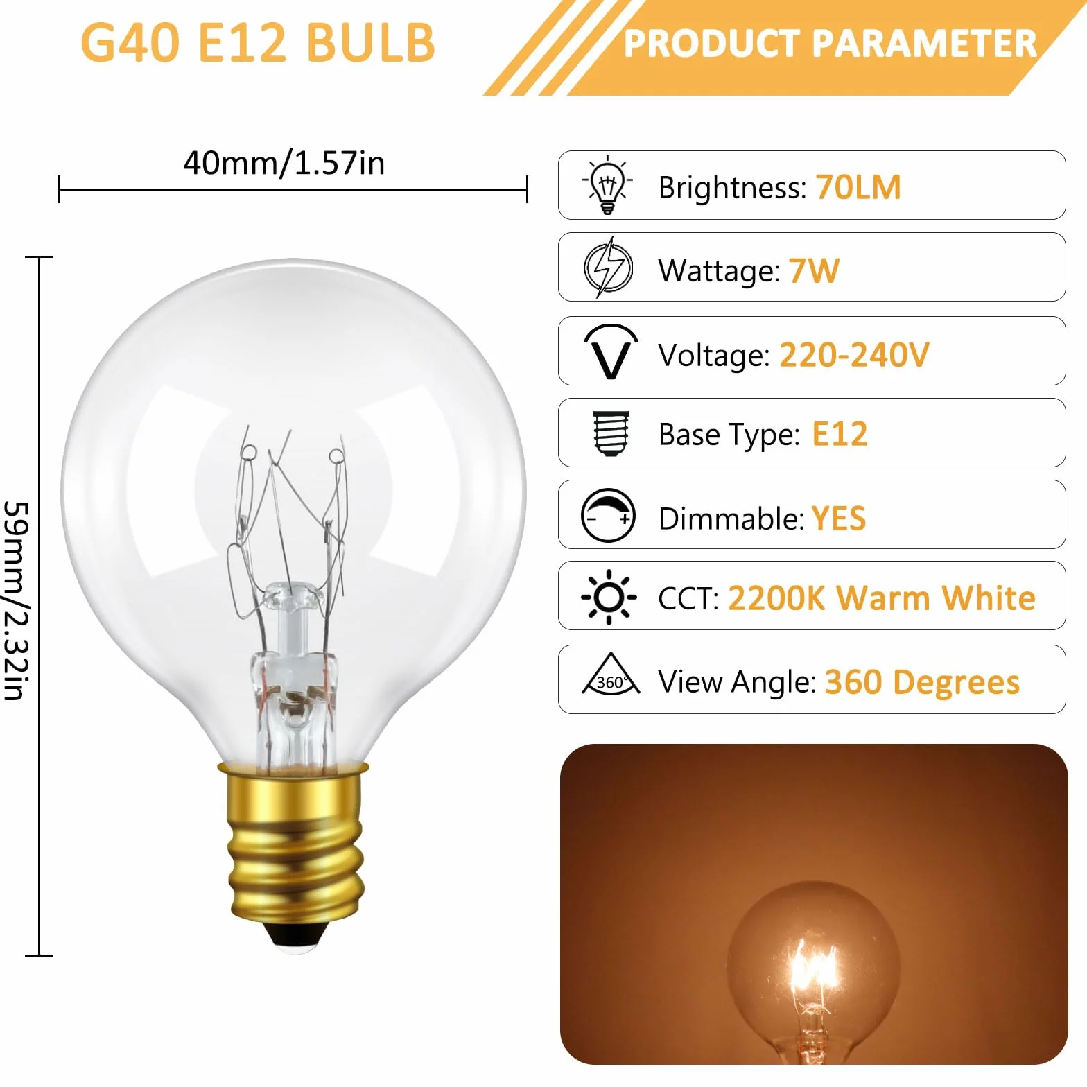 25 Pezzi E12 G40 Lampadina di Ricambio 7 Watt, Bianco Caldo 2200K, AC 220-240V, G40 Globo Ricambio Lampadine Catene Luminose, Decorazione Lampadina per Esterno Garden, Patio, Nuziale, Festa
