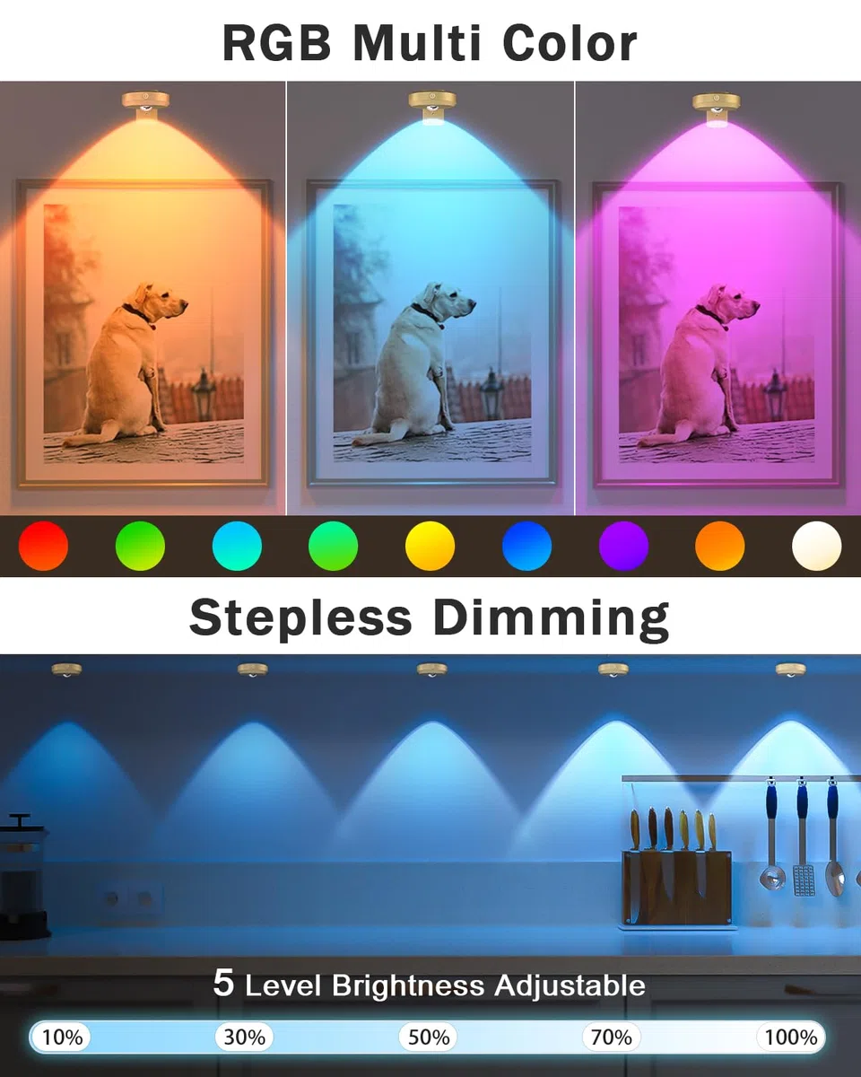 WILLED Luce Per Quadri Senza Filo Ricaricabile, RGB Faretto per Quadri a Batteria, Applique LED da Parete, Quadri Lampada, Applique Quadro Luci per Esposizione Pittura Vetrina（3 Pezzi, Oro）