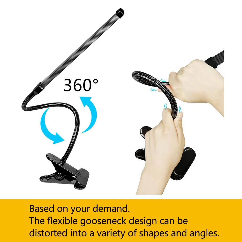 Lampada Lettura Con Clip Luce Da Scrivania Led Con Pinza, 3 Modalità & 10 Livelli Di Luminosità Con Caricatore Usb Flessibile Lampada Portatile Occhi Cura Per Lettura Di Notte Lavoro, 7W (Nero)